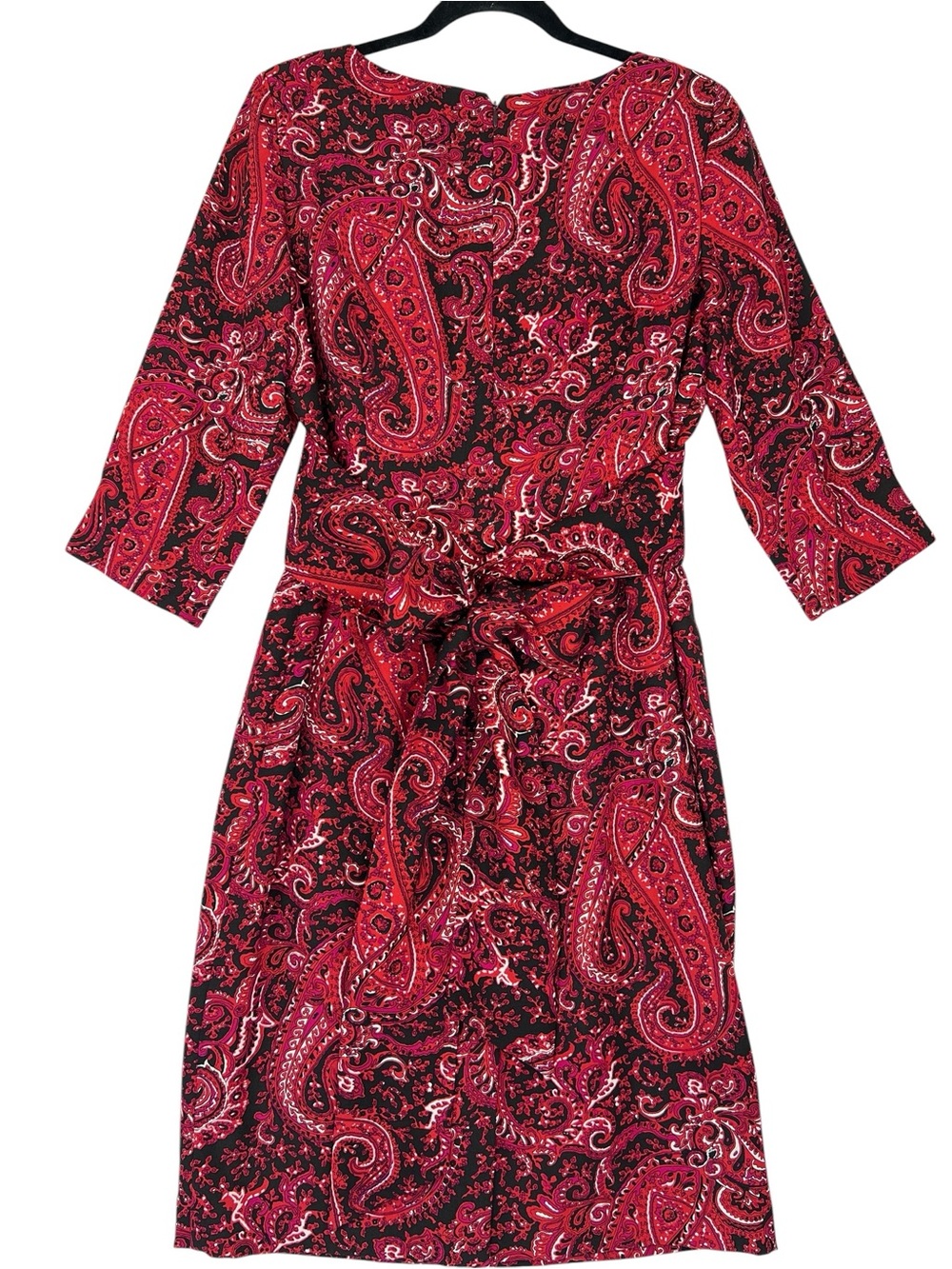 Talbots Red Black Paisley Tie Waist Sheath Midi Dress Sz 8 Classic Office Party